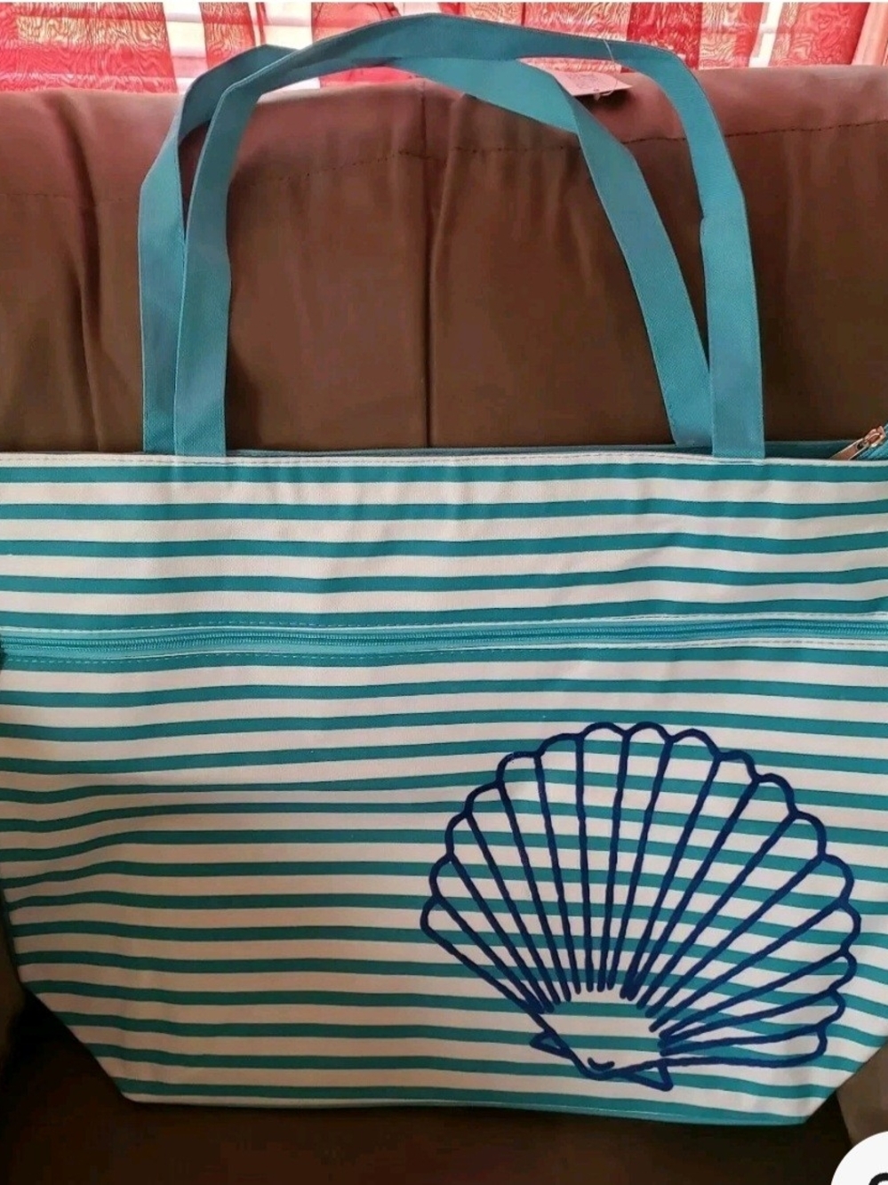 Striped Teal & White Shell Tote Bag - Beach Carryall
